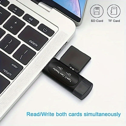 4-in-1 USB Mini SD Card Reader - Dual Card Slots, Type C/USB A Adapter for PC, MacBook, Galaxy, Tablet | Compact, No Battery Needed, Memory Card Expansion