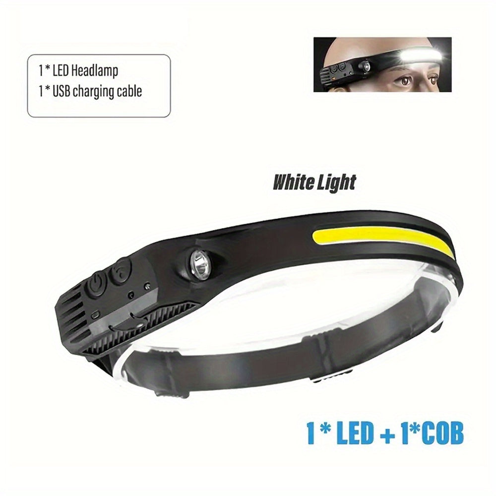 1pc LED+COB USB Rechargeable Headlamp with Motion Sensors, Suitable for Climbing, Featuring 1/2/3 Headbands, Ideal for Running, Fishing, Camping, Hiking, And As a Portable Emergency Work Light