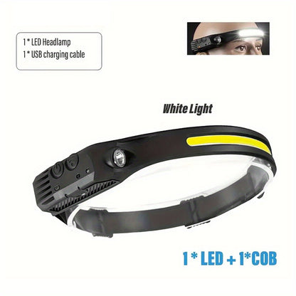 1pc LED+COB USB Rechargeable Headlamp with Motion Sensors, Suitable for Climbing, Featuring 1/2/3 Headbands, Ideal for Running, Fishing, Camping, Hiking, And As a Portable Emergency Work Light