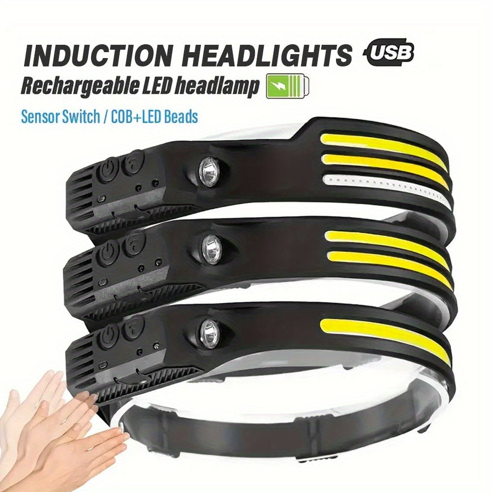 1pc LED+COB USB Rechargeable Headlamp with Motion Sensors, Suitable for Climbing, Featuring 1/2/3 Headbands, Ideal for Running, Fishing, Camping, Hiking, And As a Portable Emergency Work Light