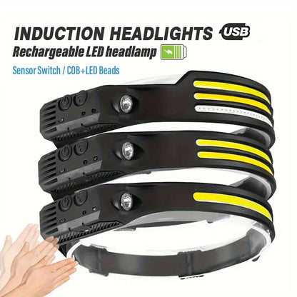 1pc LED+COB USB Rechargeable Headlamp with Motion Sensors, Suitable for Climbing, Featuring 1/2/3 Headbands, Ideal for Running, Fishing, Camping, Hiking, And As a Portable Emergency Work Light
