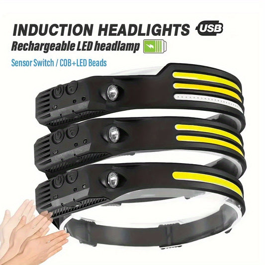1pc LED+COB USB Rechargeable Headlamp with Motion Sensors, Suitable for Climbing, Featuring 1/2/3 Headbands, Ideal for Running, Fishing, Camping, Hiking, And As a Portable Emergency Work Light