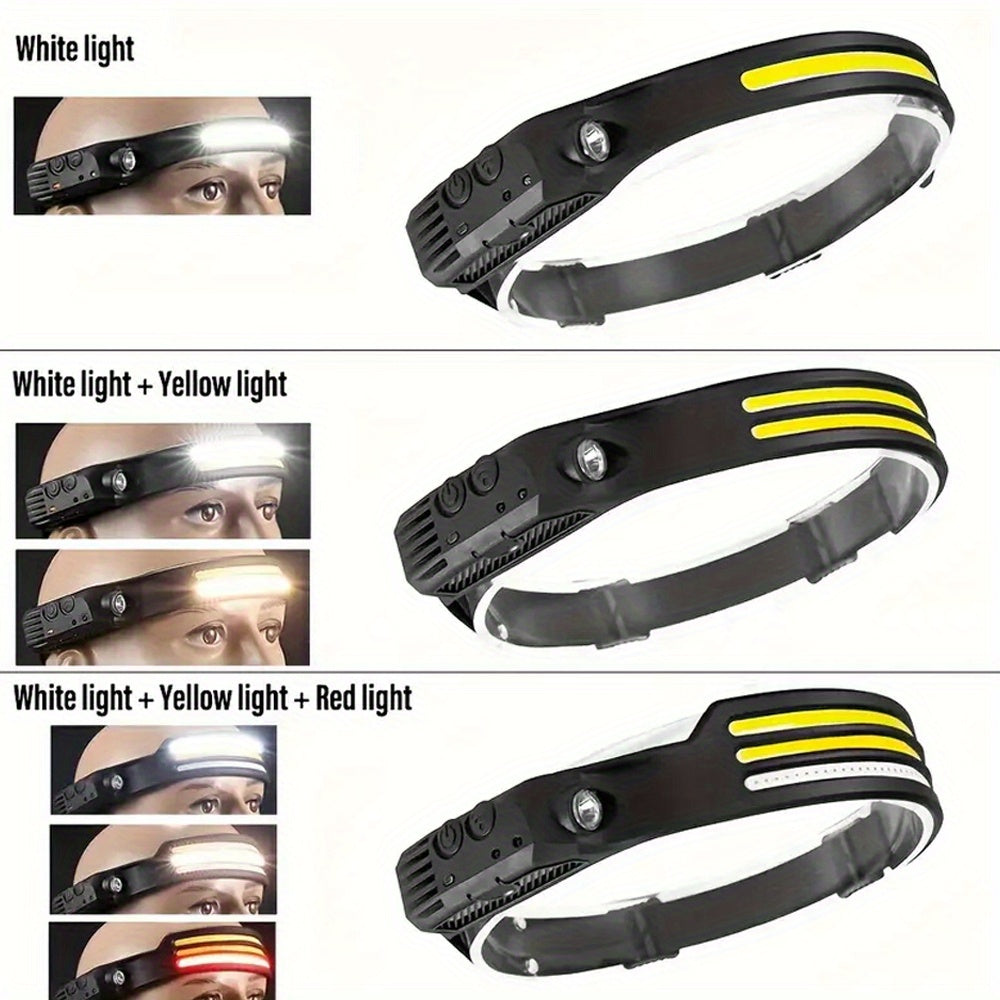 1pc LED+COB USB Rechargeable Headlamp with Motion Sensors, Suitable for Climbing, Featuring 1/2/3 Headbands, Ideal for Running, Fishing, Camping, Hiking, And As a Portable Emergency Work Light