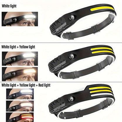 1pc LED+COB USB Rechargeable Headlamp with Motion Sensors, Suitable for Climbing, Featuring 1/2/3 Headbands, Ideal for Running, Fishing, Camping, Hiking, And As a Portable Emergency Work Light
