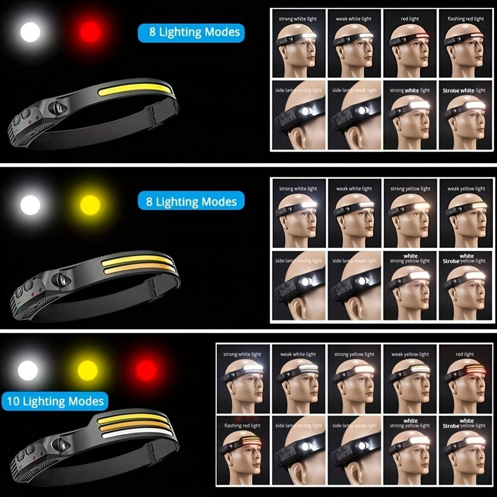 1pc LED+COB USB Rechargeable Headlamp with Motion Sensors, Suitable for Climbing, Featuring 1/2/3 Headbands, Ideal for Running, Fishing, Camping, Hiking, And As a Portable Emergency Work Light