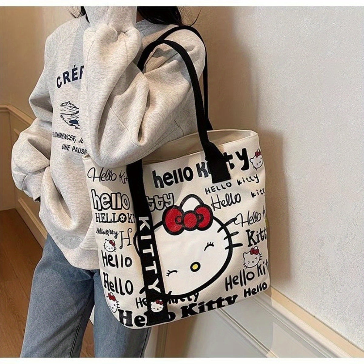 Sanrio Hello Kitty Tote Bag, Large Canvas Durable And Stylish, Cute Starry Sky Design Pink Handles, Commuting Shoulder Bag, Hello Kitty Style