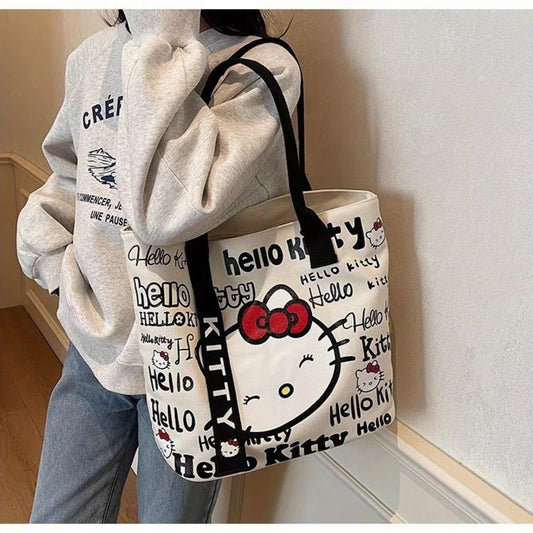 Sanrio Hello Kitty Tote Bag, Large Canvas Durable And Stylish, Cute Starry Sky Design Pink Handles, Commuting Shoulder Bag, Hello Kitty Style
