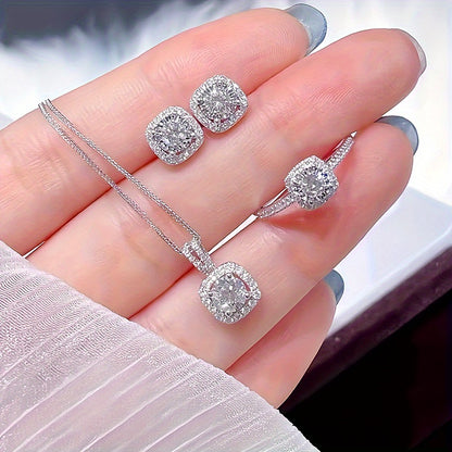 4pcs Commemorative Fashion Shining Earrings Pendant Necklace Ring Elegant And Beautiful Versatile Exquisite Gift