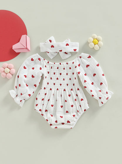 Baby Girls Valentine's Day Romper Heart Print Long Sleeve Boat Neck Jumpsuits Infant Autumn Winter Bodysuits with Headband, Perfect for Outdoor