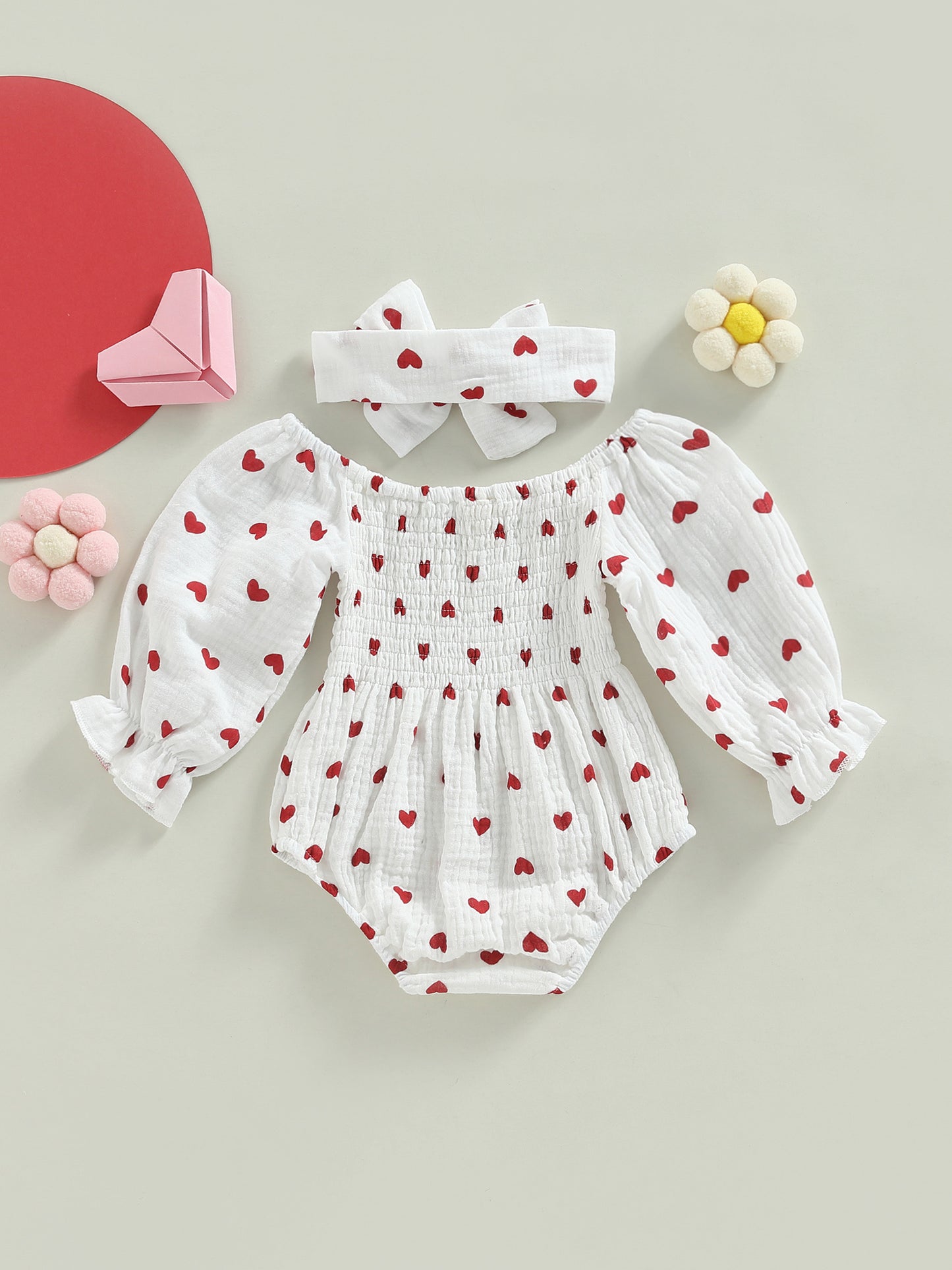 Baby Girls Valentine's Day Romper Heart Print Long Sleeve Boat Neck Jumpsuits Infant Autumn Winter Bodysuits with Headband, Perfect for Outdoor