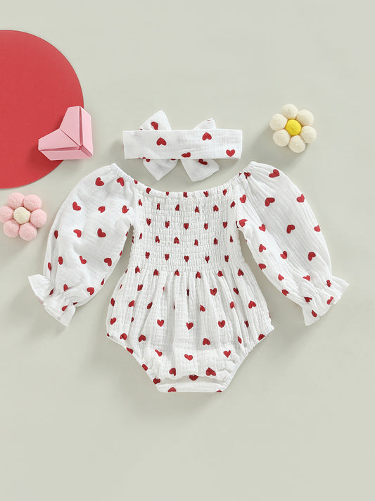 Baby Girls Valentine's Day Romper Heart Print Long Sleeve Boat Neck Jumpsuits Infant Autumn Winter Bodysuits with Headband, Perfect for Outdoor