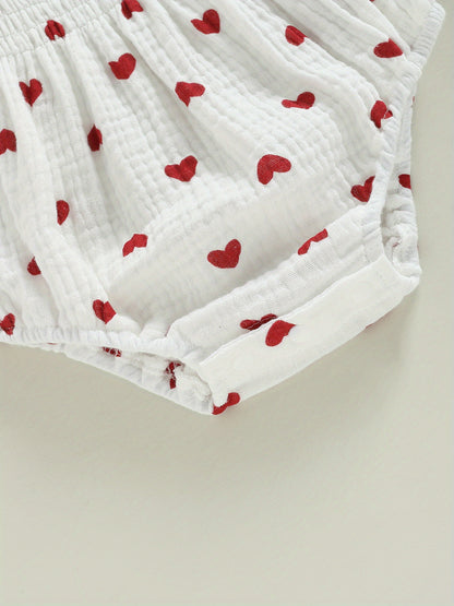 Baby Girls Valentine's Day Romper Heart Print Long Sleeve Boat Neck Jumpsuits Infant Autumn Winter Bodysuits with Headband, Perfect for Outdoor
