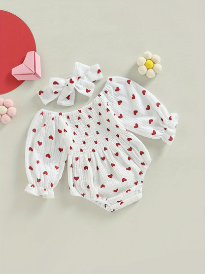 Baby Girls Valentine's Day Romper Heart Print Long Sleeve Boat Neck Jumpsuits Infant Autumn Winter Bodysuits with Headband, Perfect for Outdoor