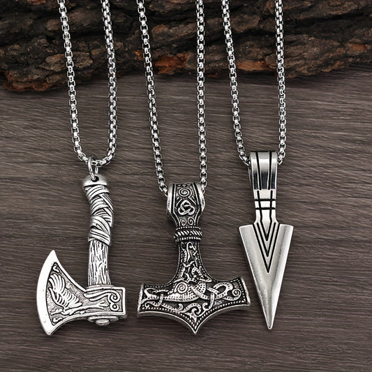 3 Pieces Of Men's Viking Necklace - Viking Hammer Nordic Compass Celtic Knot Wolf Axe Pendant Nordic Amulet Pendant Necklace Holiday Jewelry Gift