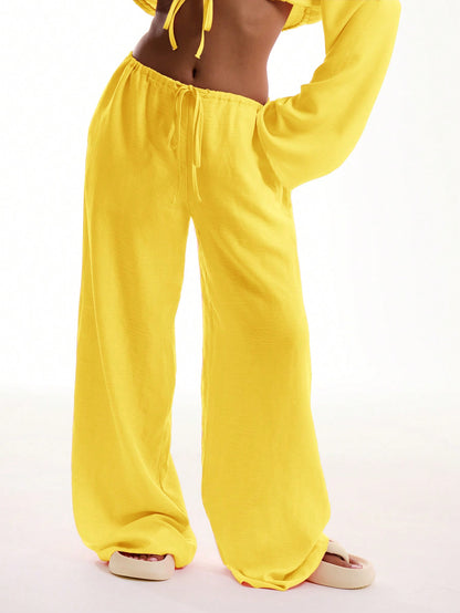 MUSERA Tie Front Linen Feel Beach Trousers Elegant Summer Vacation Sun Casual Boho White Airport   Winter Party Pants