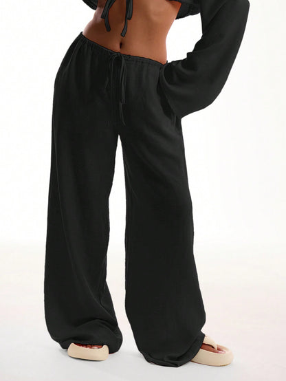 MUSERA Tie Front Linen Feel Beach Trousers Elegant Summer Vacation Sun Casual Boho White Airport   Winter Party Pants