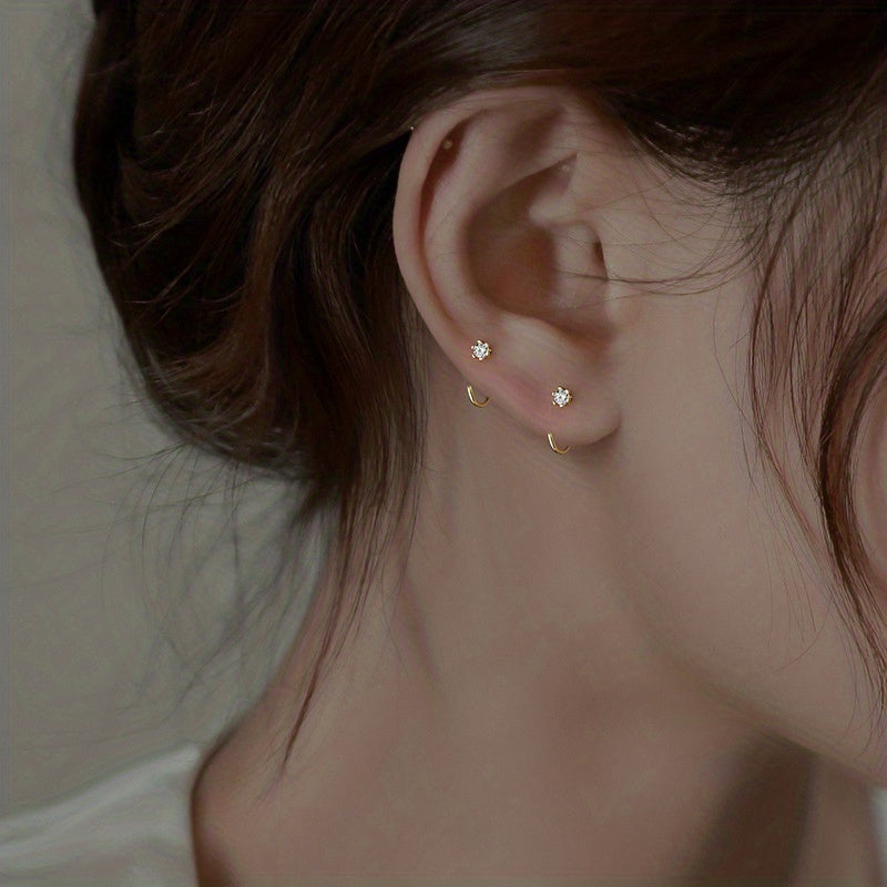 Easy And Stylish C-Shaped Copper Earrings Inlaid with Zirconia Stones, Perfect for Birthday Parties And Jewelry Additions