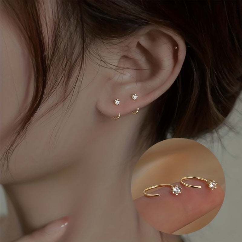 Easy And Stylish C-Shaped Copper Earrings Inlaid with Zirconia Stones, Perfect for Birthday Parties And Jewelry Additions