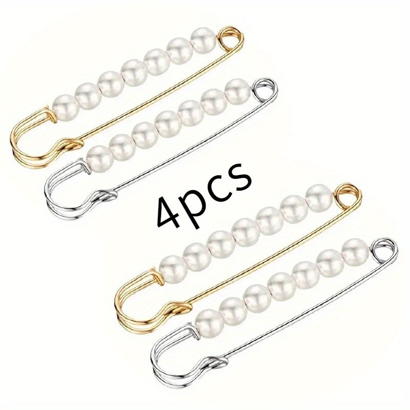 [4pcs Faux Pearl Scarf Pin] 4pcs Faux Pearl Scarf Pin | Waist Safety Hijab Clip Shawl Buckle Brooch Sweater Pins for Women