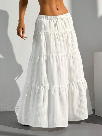 EZwear Women Solid Color High Waist Tie Ruffled Hem Maxi Skirt