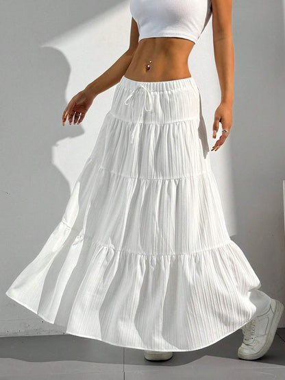 EZwear Women Solid Color High Waist Tie Ruffled Hem Maxi Skirt