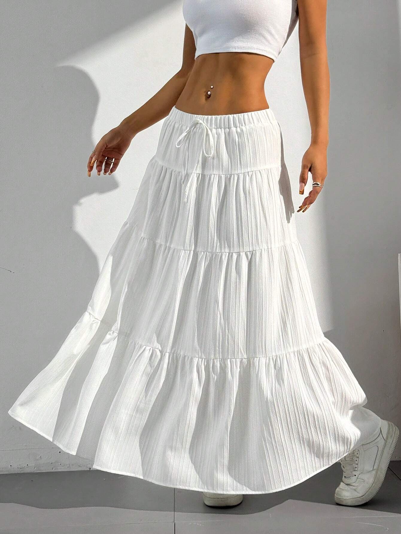 SHEIN EZwear Women Solid Color High Waist Tie Ruffled Hem Maxi Skirt