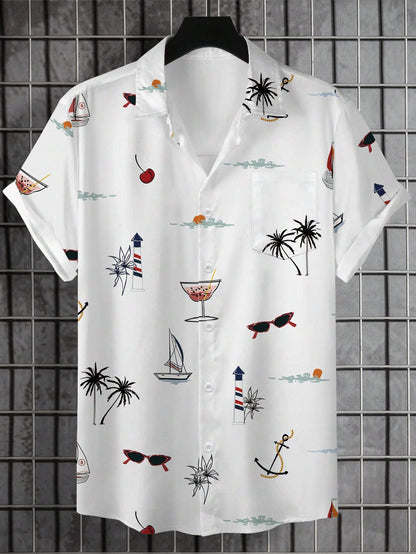 Manfinity RSRT Men's Button Up Floral & Palm Tree Print Graphic Short Sleeve Fashionable Casual Collar Shirt For Holiday, Vacation