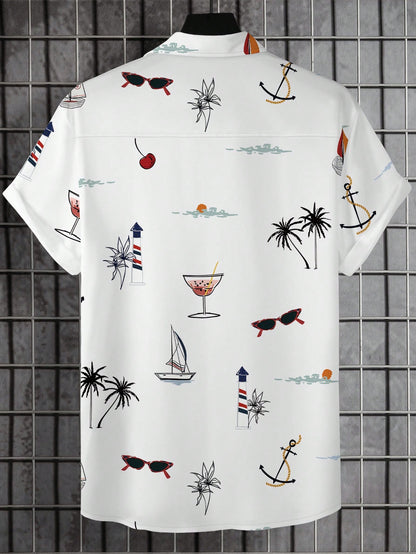 Manfinity RSRT Men's Button Up Floral & Palm Tree Print Graphic Short Sleeve Fashionable Casual Collar Shirt For Holiday, Vacation