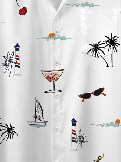 Manfinity RSRT Men's Button Up Floral & Palm Tree Print Graphic Short Sleeve Fashionable Casual Collar Shirt For Holiday, Vacation