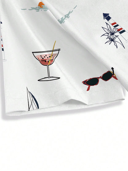 Manfinity RSRT Men's Button Up Floral & Palm Tree Print Graphic Short Sleeve Fashionable Casual Collar Shirt For Holiday, Vacation