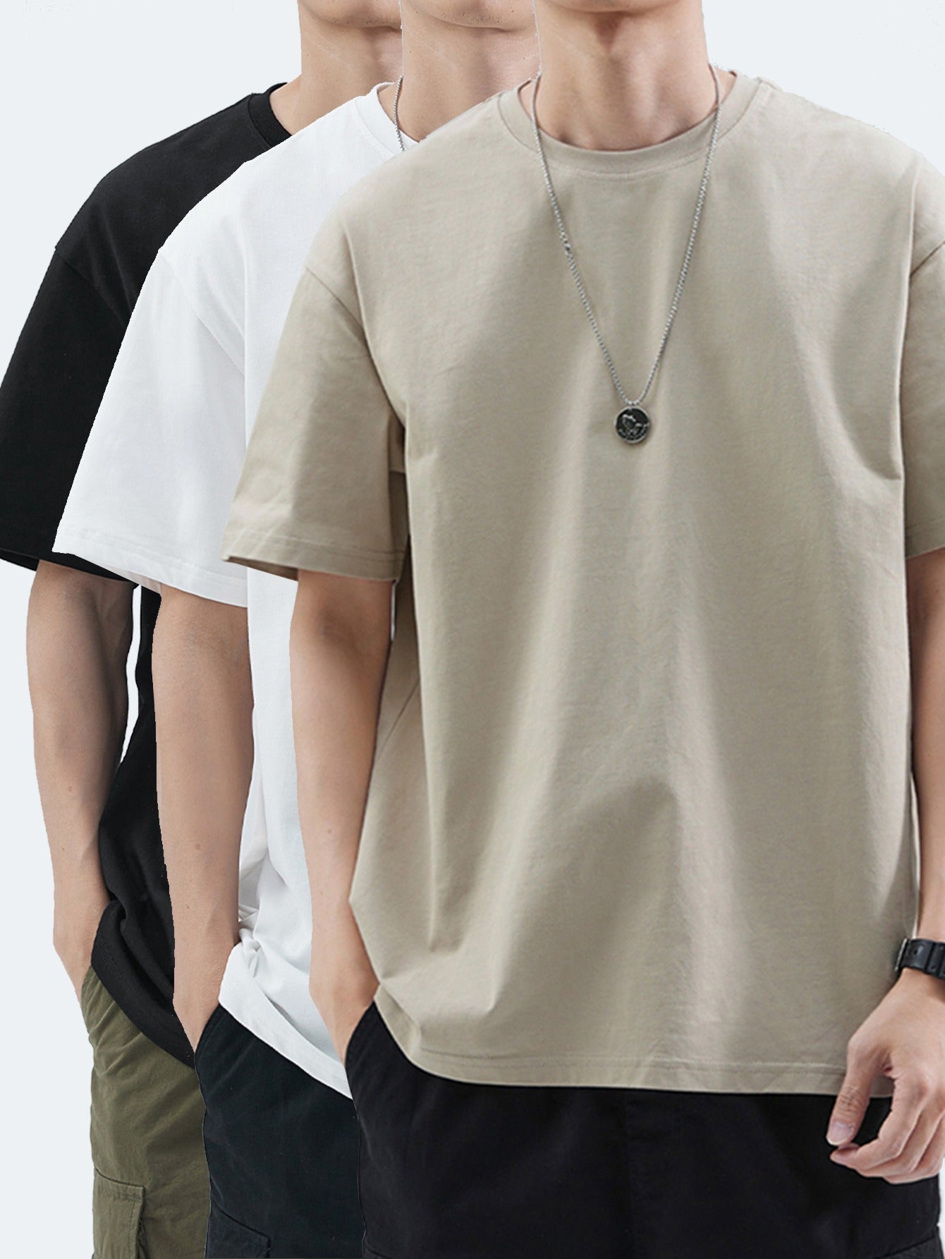 Set of 3 Heavyweight 100% Men'S T-Shirts, Short-Sleeved for Summer Casual Wear