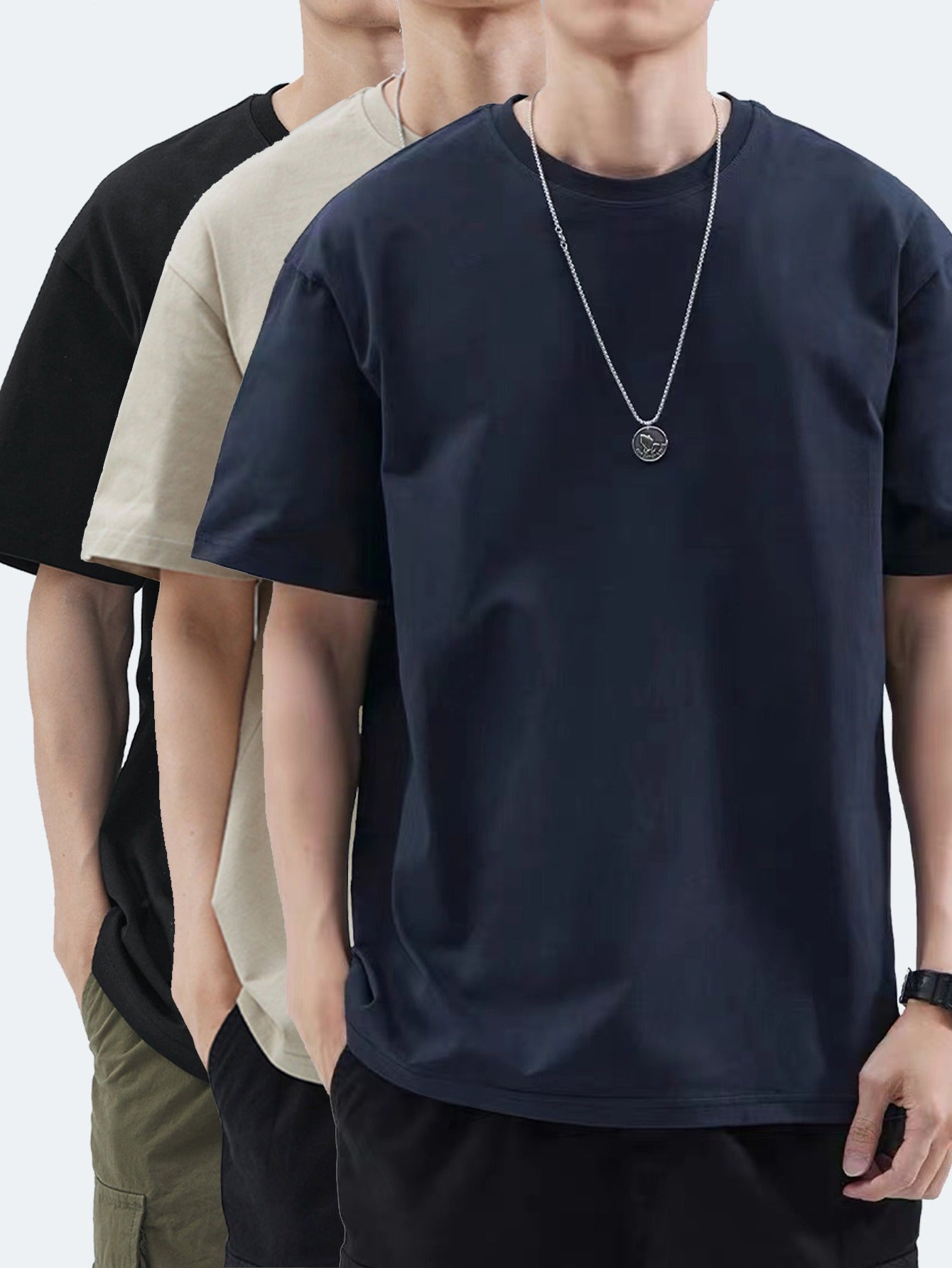 Set of 3 Heavyweight 100% Men'S T-Shirts, Short-Sleeved for Summer Casual Wear