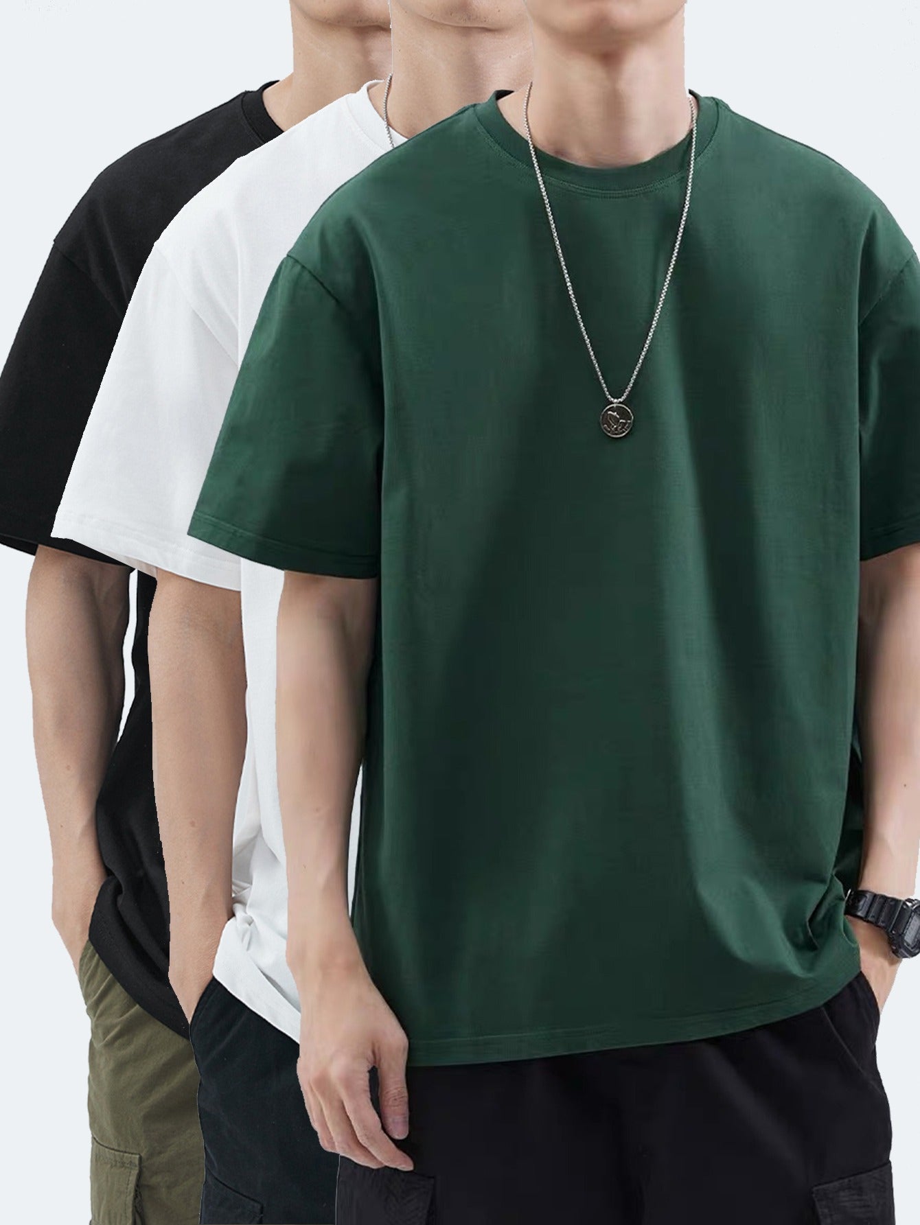 Set of 3 Heavyweight 100% Men'S T-Shirts, Short-Sleeved for Summer Casual Wear