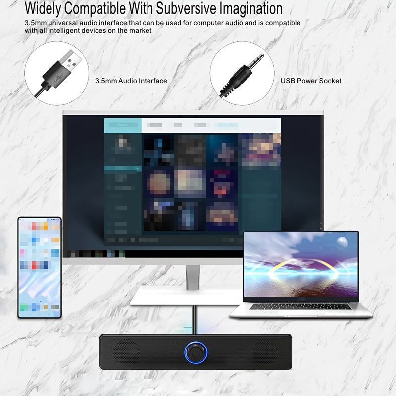 Long Bar Speaker/Computer USB Knob Wired Sound System with Powerful Bass Subwoofer