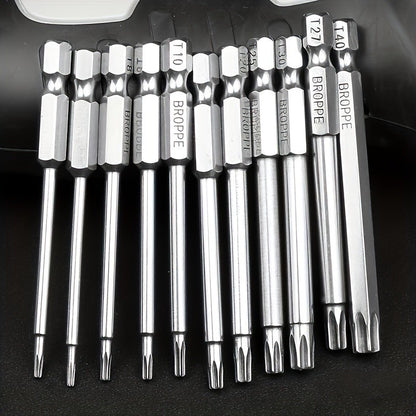 11pcs Precision Star Torx Bit Set - High-Strength S2 Alloy Steel, 75mm Length, T6-T40 Sizes, Versatile Mechanic & Home DIY Tool Kit with Hex Socket for Vehicle and Electrical Maintenance, Durable and Corrosion-Resistant