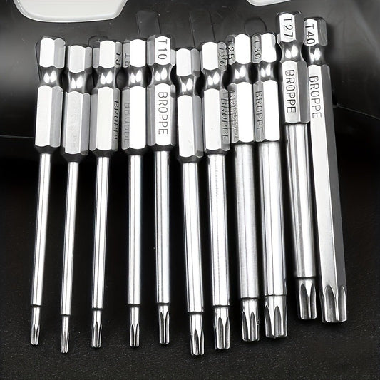 11pcs Precision Star Torx Bit Set - High-Strength S2 Alloy Steel, 75mm Length, T6-T40 Sizes, Versatile Mechanic & Home DIY Tool Kit with Hex Socket for Vehicle and Electrical Maintenance, Durable and Corrosion-Resistant