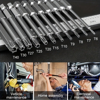 11pcs Precision Star Torx Bit Set - High-Strength S2 Alloy Steel, 75mm Length, T6-T40 Sizes, Versatile Mechanic & Home DIY Tool Kit with Hex Socket for Vehicle and Electrical Maintenance, Durable and Corrosion-Resistant