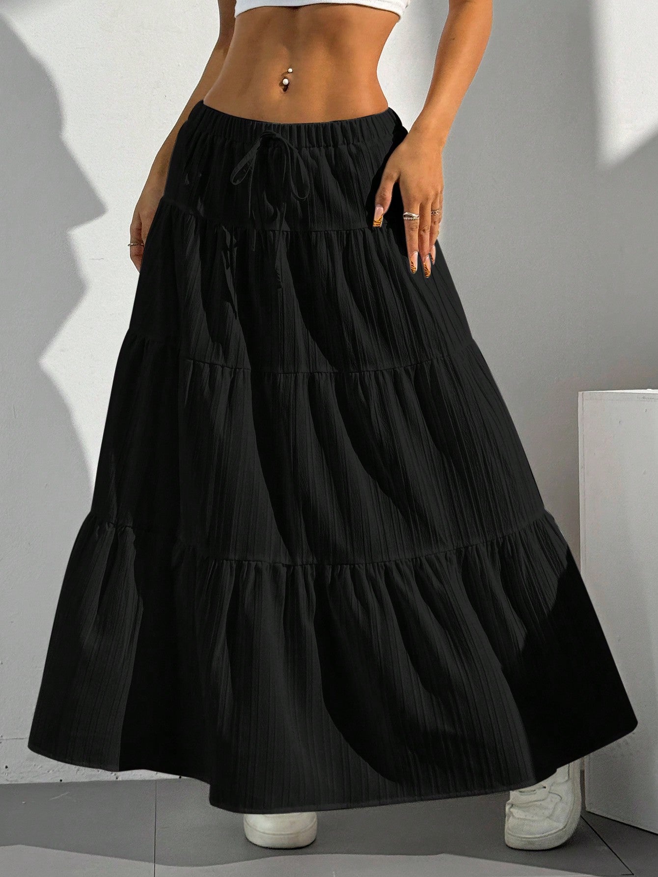EZwear Women Solid Color High Waist Tie Ruffled Hem Maxi Skirt