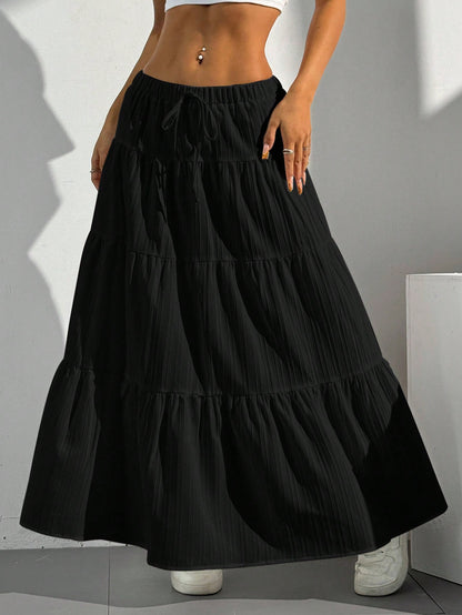EZwear Women Solid Color High Waist Tie Ruffled Hem Maxi Skirt