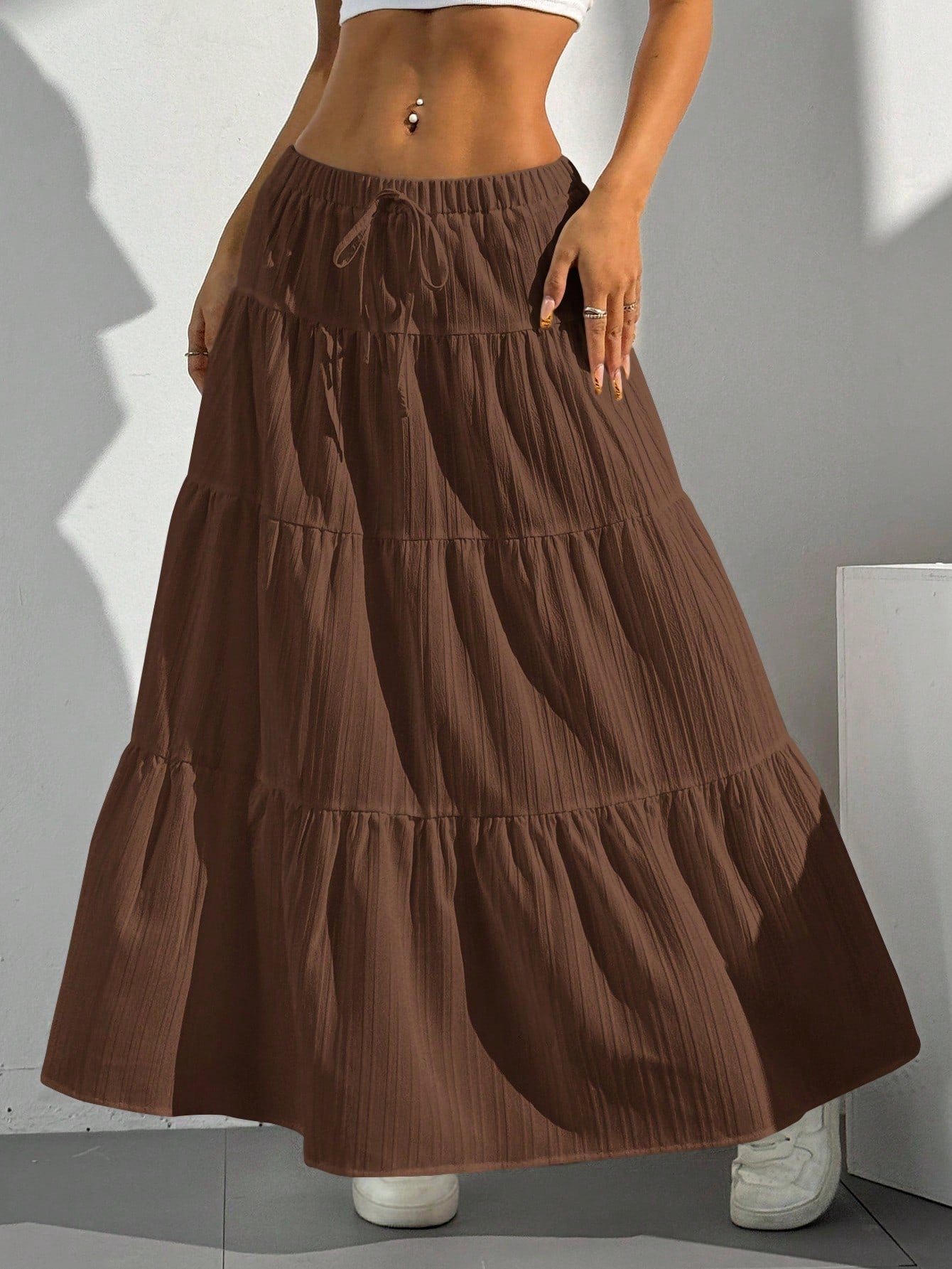 SHEIN EZwear Women Solid Color High Waist Tie Ruffled Hem Maxi Skirt
