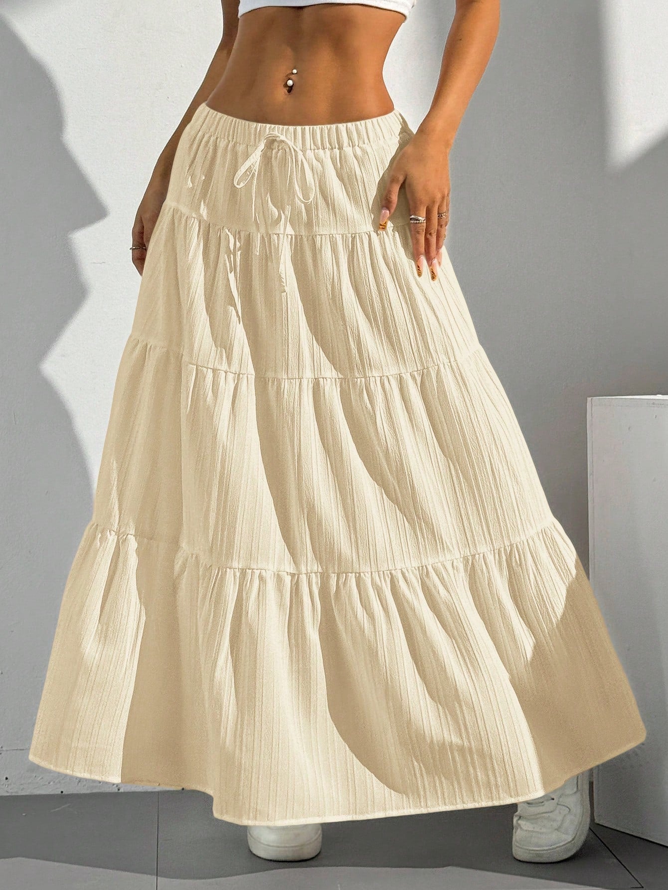 SHEIN EZwear Women Solid Color High Waist Tie Ruffled Hem Maxi Skirt