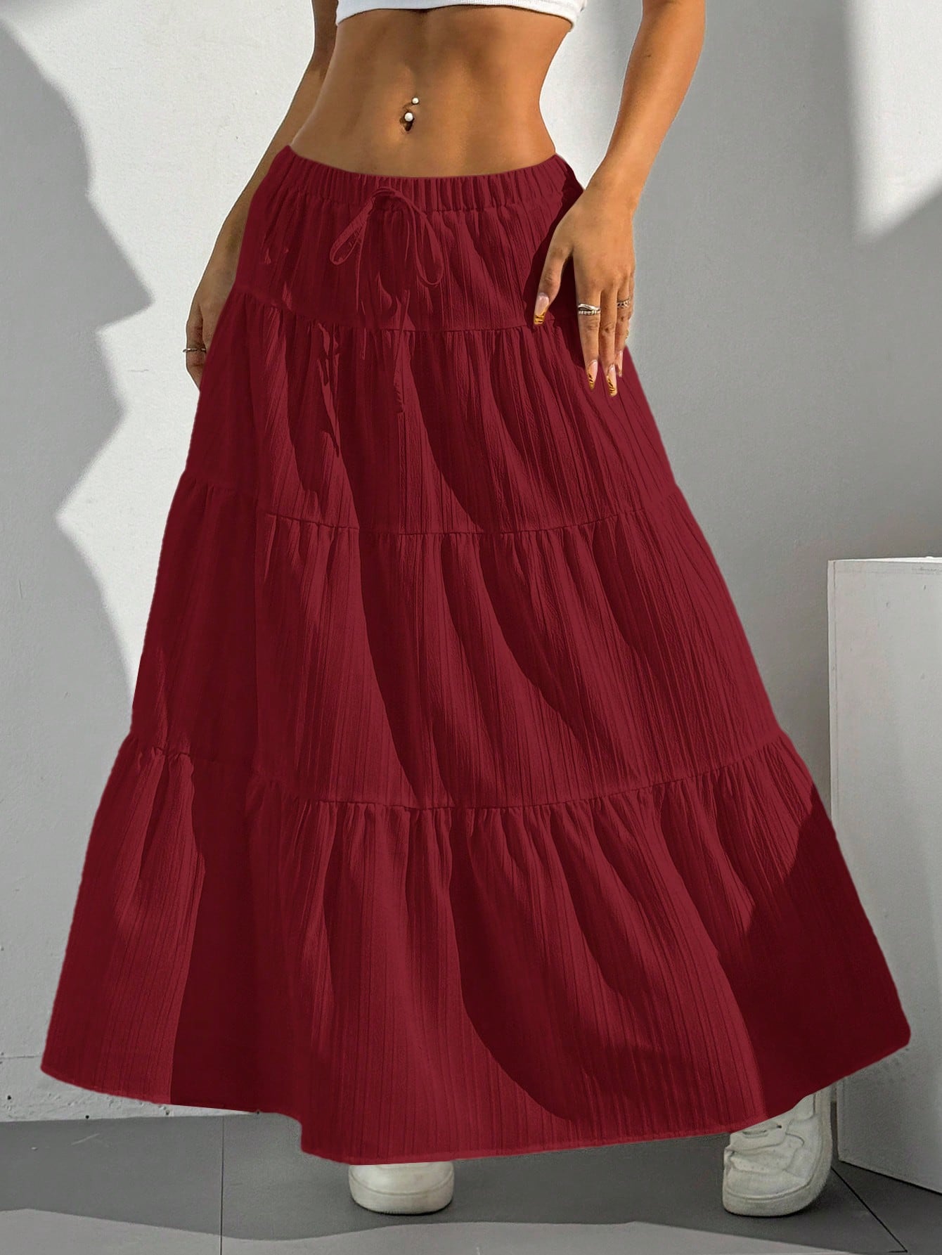SHEIN EZwear Women Solid Color High Waist Tie Ruffled Hem Maxi Skirt