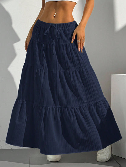 EZwear Women Solid Color High Waist Tie Ruffled Hem Maxi Skirt