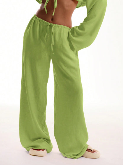 MUSERA Tie Front Linen Feel Beach Trousers Elegant Summer Vacation Sun Casual Boho White Airport   Winter Party Pants