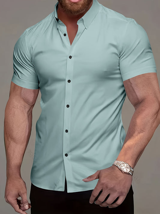 Muscle Man Fitness Short Sleeve Lapel Shirt | Non-Stretch, Solid Color, Button Detail, Summer Business Casual Non-Iron Shirt