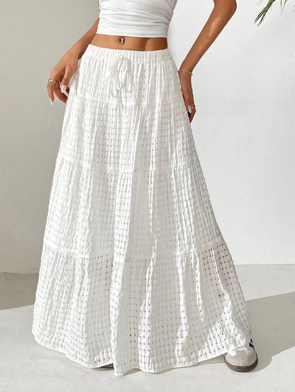 EZwear Women Solid Color High Waist Tie Ruffled Hem Maxi Skirt