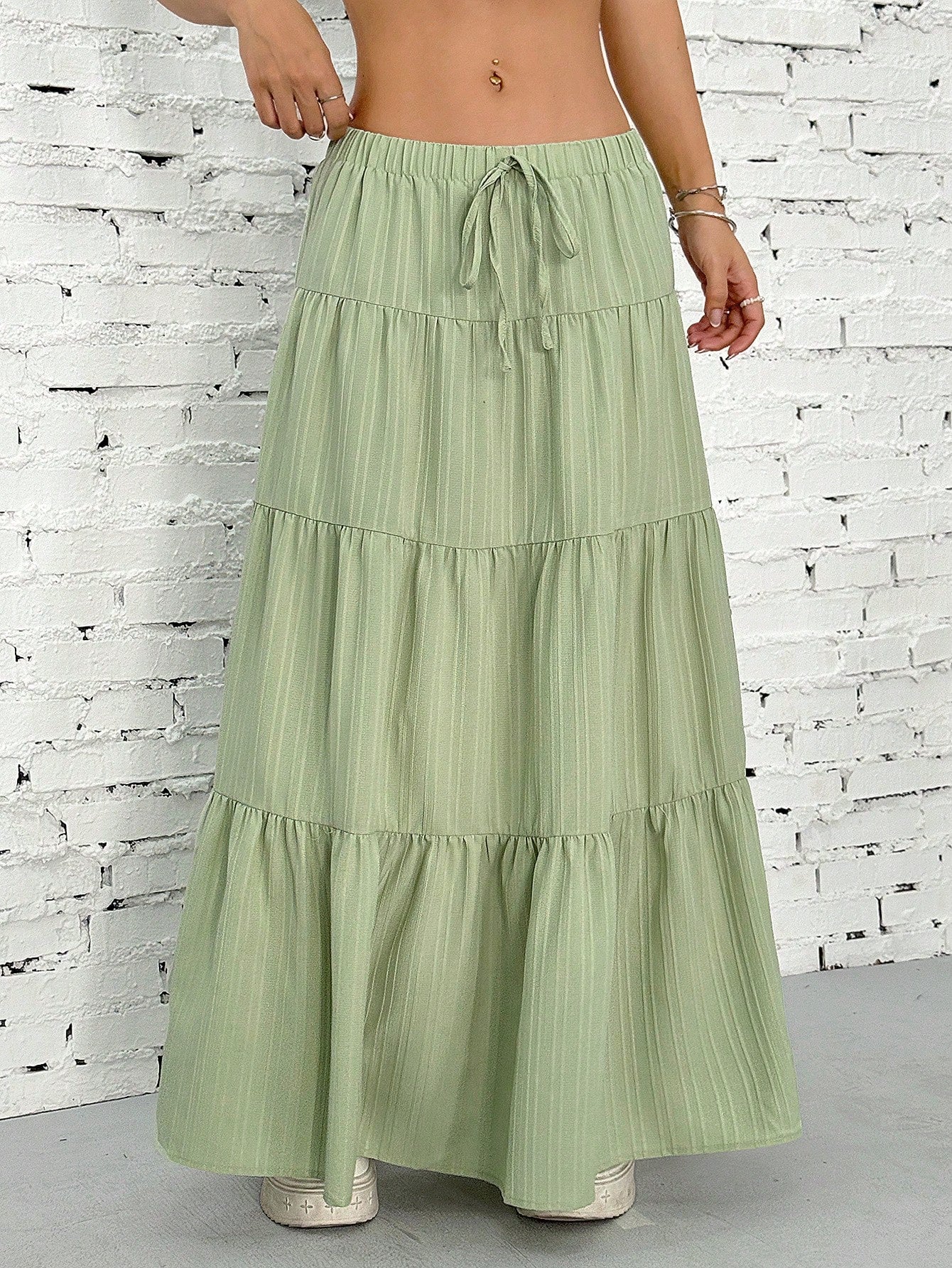 SHEIN EZwear Women Solid Color High Waist Tie Ruffled Hem Maxi Skirt