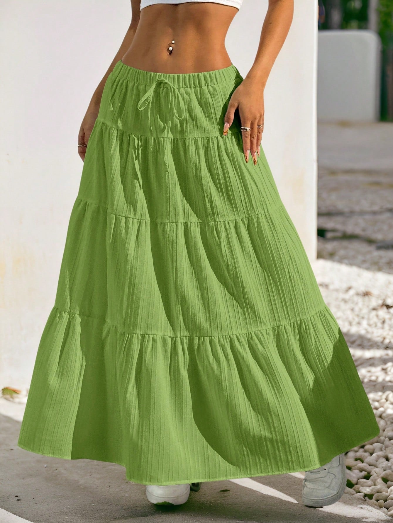 EZwear Women Solid Color High Waist Tie Ruffled Hem Maxi Skirt