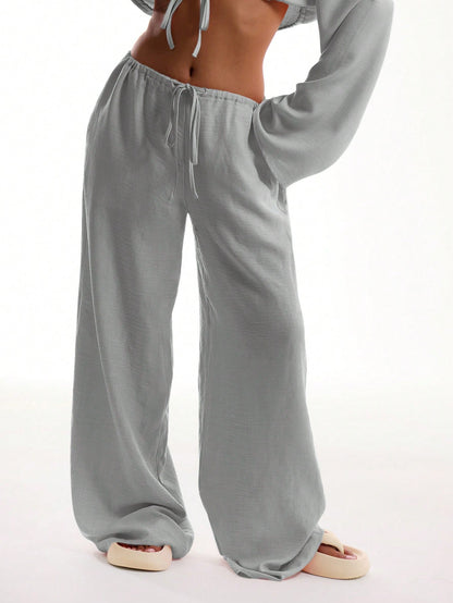 MUSERA Tie Front Linen Feel Beach Trousers Elegant Summer Vacation Sun Casual Boho White Airport   Winter Party Pants
