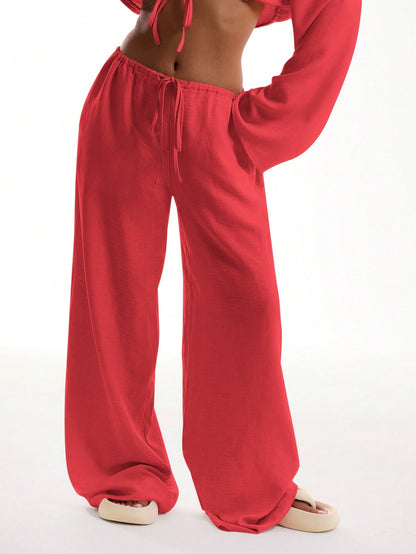 MUSERA Tie Front Linen Feel Beach Trousers Elegant Summer Vacation Sun Casual Boho White Airport   Winter Party Pants